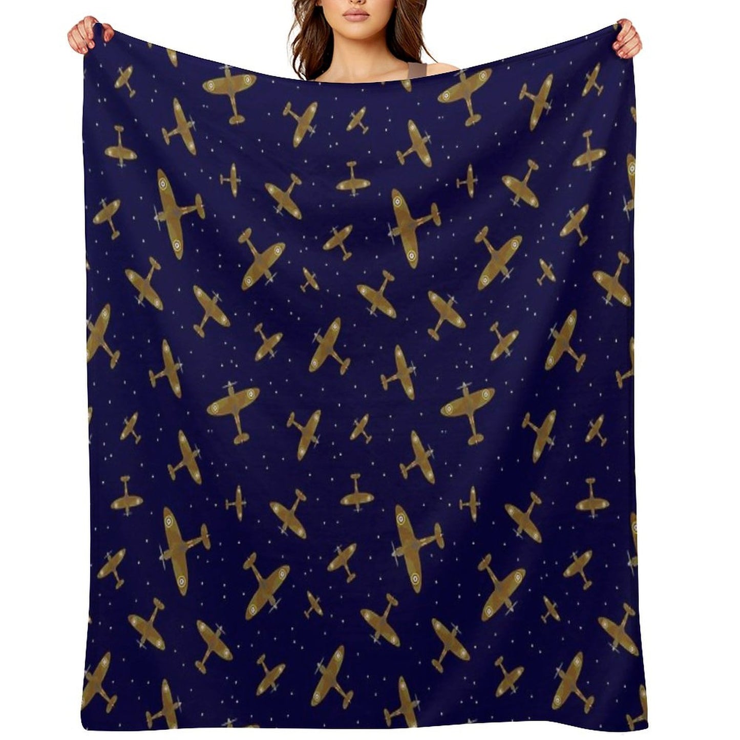 Spitfire War Planes in Flight on Navy Blue Throw Blanket