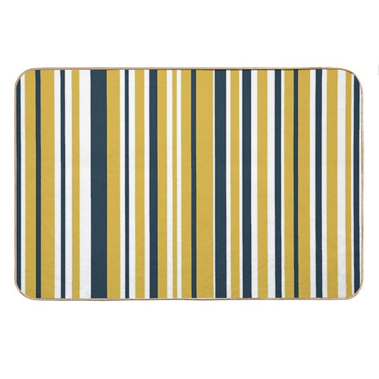 Mustard Yellow Navy Blue And White Stripes Minimalist Color Block Pattern Bath Mat