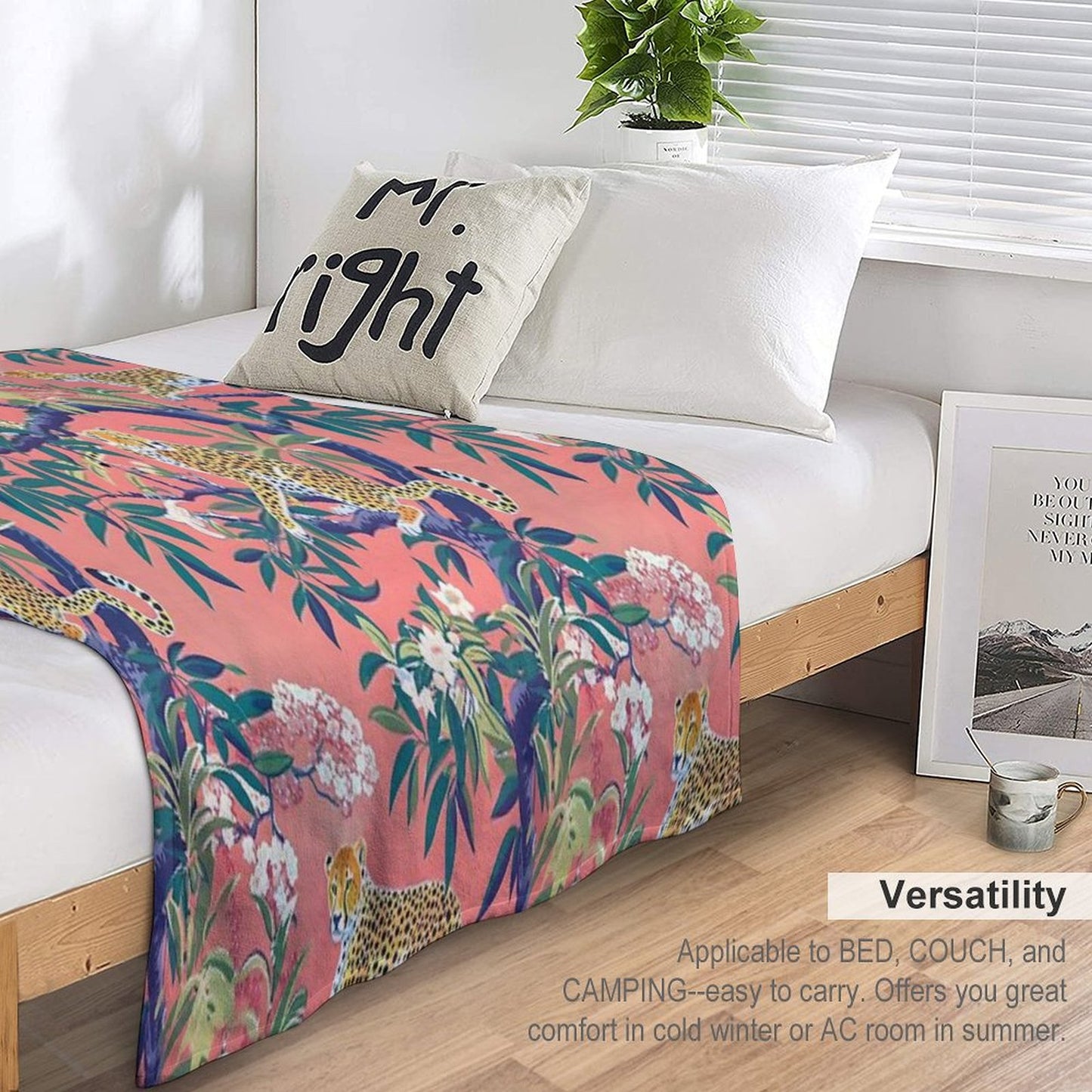 Leopards in Chinoiserie Garden in Blue And Orange Throw Blanket