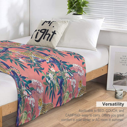 Leopards in Chinoiserie Garden in Blue And Orange Throw Blanket