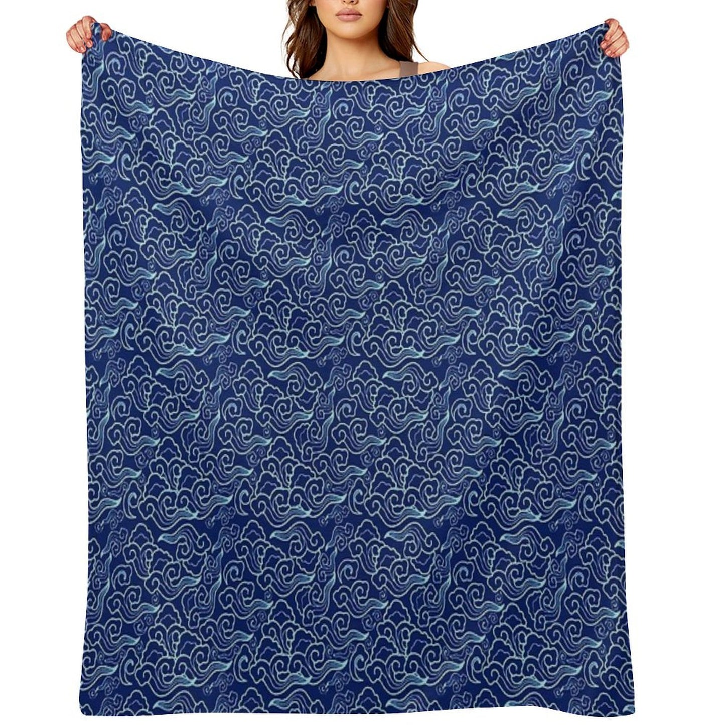 Vintage Japanese Clouds, Cobalt And Sky Blue Throw Blanket