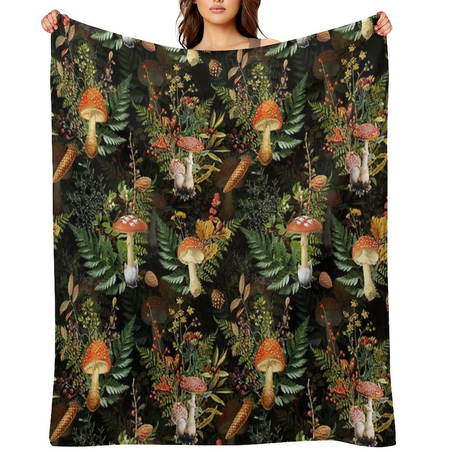 Vintage Midnight Toadstools in The Forest Botanical Night Garden on Black Nightgarden Throw Blanket