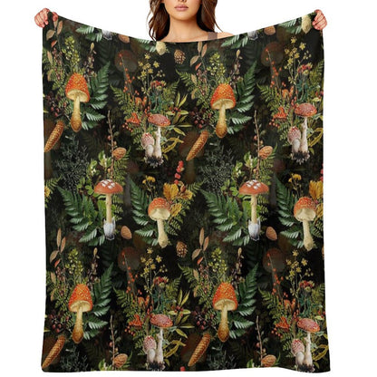Vintage Midnight Toadstools in The Forest Botanical Night Garden on Black Nightgarden Throw Blanket