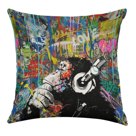 Monkey Thinker - Banksy Urban Contemporary Colorful Street Art -  DJ Chimp Linen Throw Pillow Cover