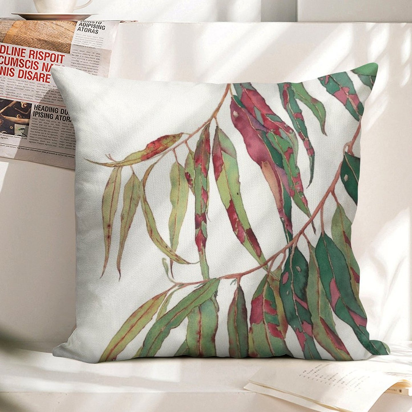 A Touch of Red - Watercolour of Eucalyptus Branch Linen Throw Pillow Cover