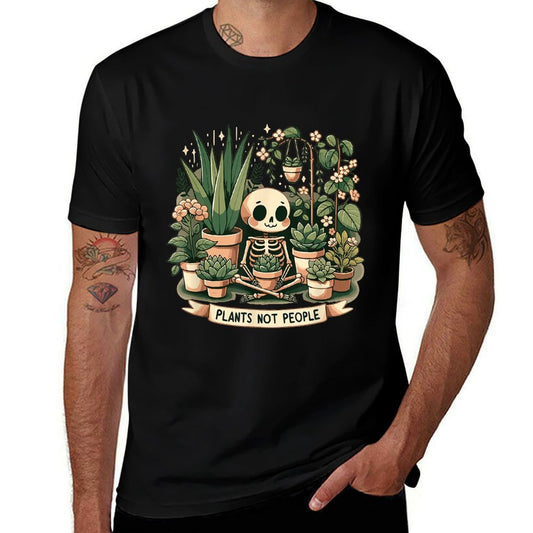 Plant Lover Skeleton Design - Plants Not People  Fade-proof Color T-Shirt