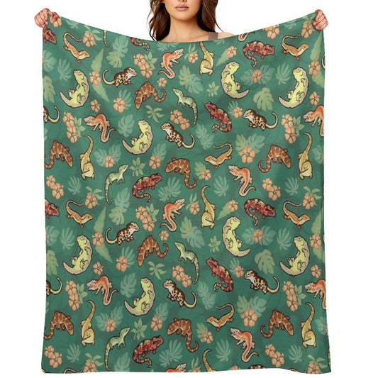 Gecko Family in Green Throw Blanket