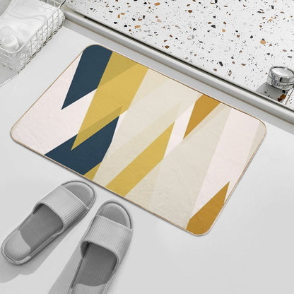 Triangular Abstract in Mustard Yellows, Navy Blue, And Blush Tones. Minimalist Geometric Bath Mat