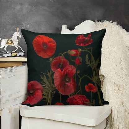 Red Poppies On Black Linen Throw Pillow Cover