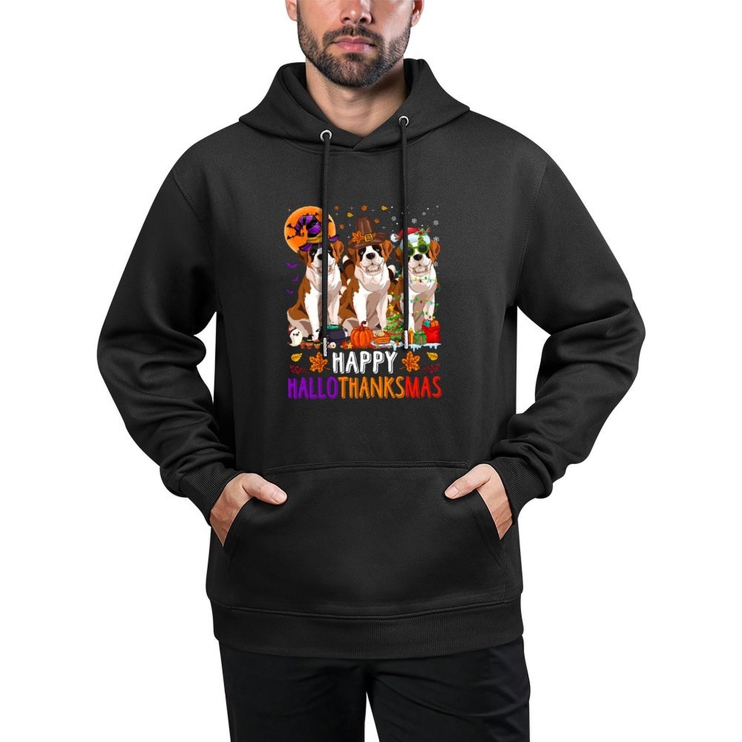 Happy Hallothanksmas Bernard Dog Halloween Christmas Medium-Weight Fabric Hoodie