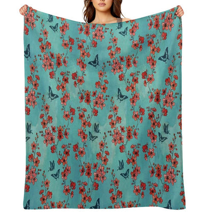 Sakura Butterflies in Turquoise Throw Blanket