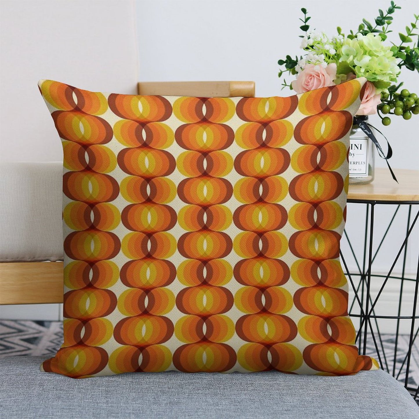 Orange, Brown, And Ivory Retro 1960s Wavy Pattern Linen Throw Pillow Cover