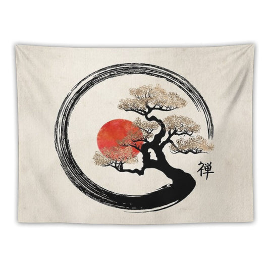 Enso Circle And Bonsai Tree on Canvas Tapestry