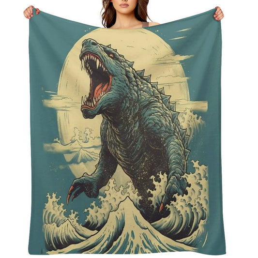 Vintage Japanese Godzilla Great Wave Throw Blanket