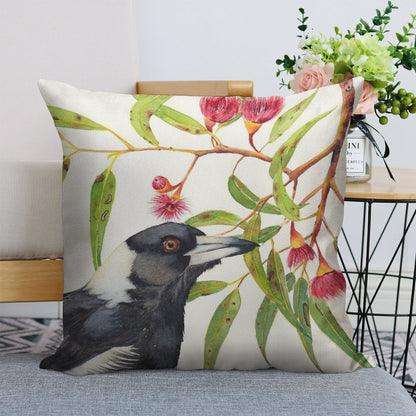 Australian Magpie And Eucalyptus Blossoms Watercolour Painting Linen Throw Pillow Cover