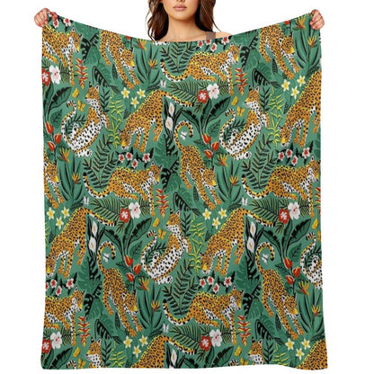 Dancing Jaguar Jungle - Green Throw Blanket