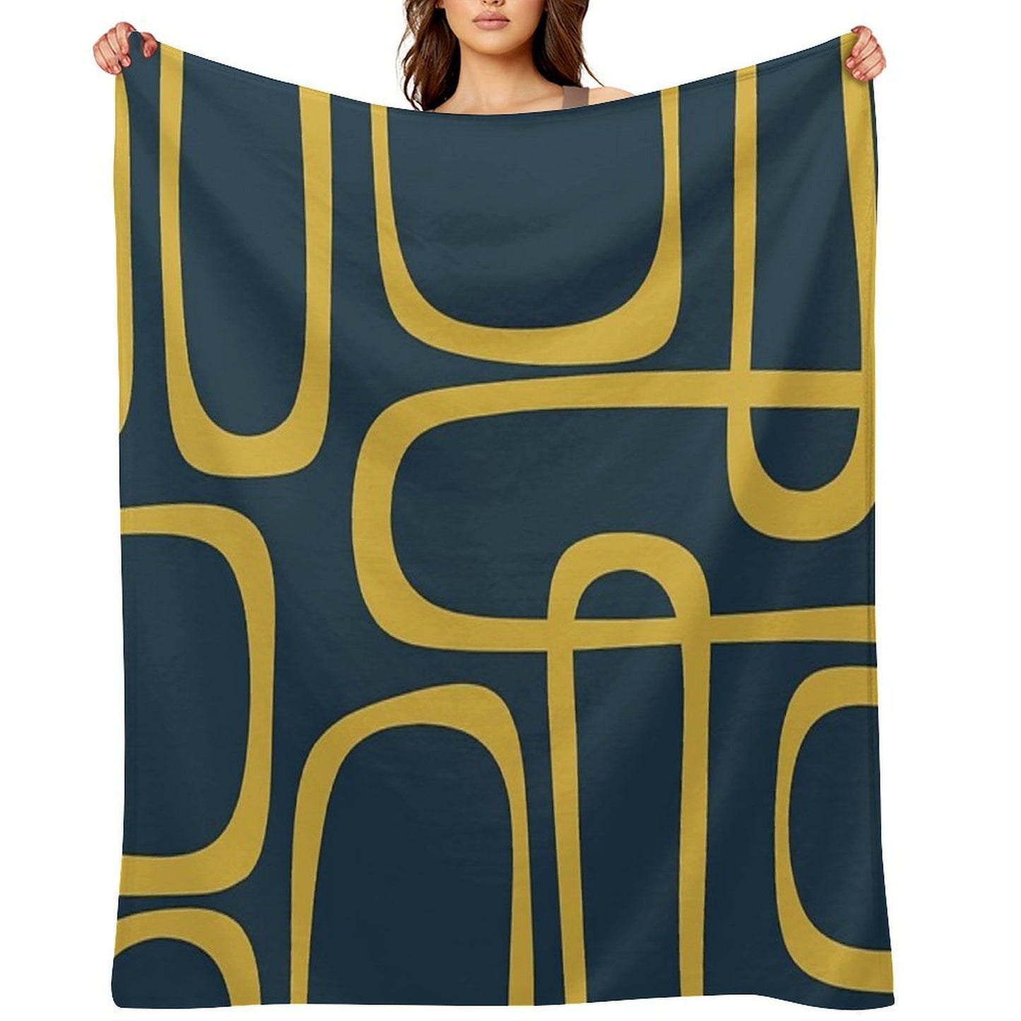 Midcentury Modern Loops Retro Pattern in Light Mustard And Navy Blue Throw Blanket