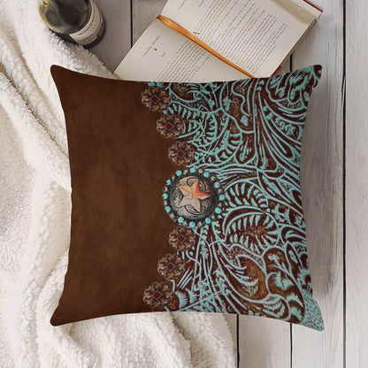Primitive Cowboy Cowgirl Western Country Brown Turquoise Linen Throw Pillow Cover