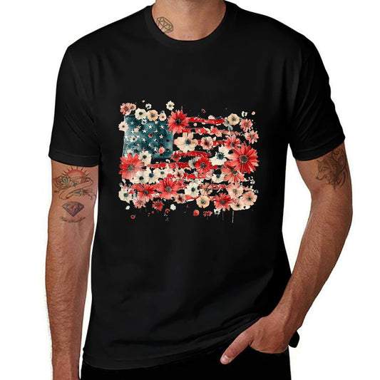 Floral American 4th of July Watercolor Vintage USA  Trendy Pattern T-Shirt