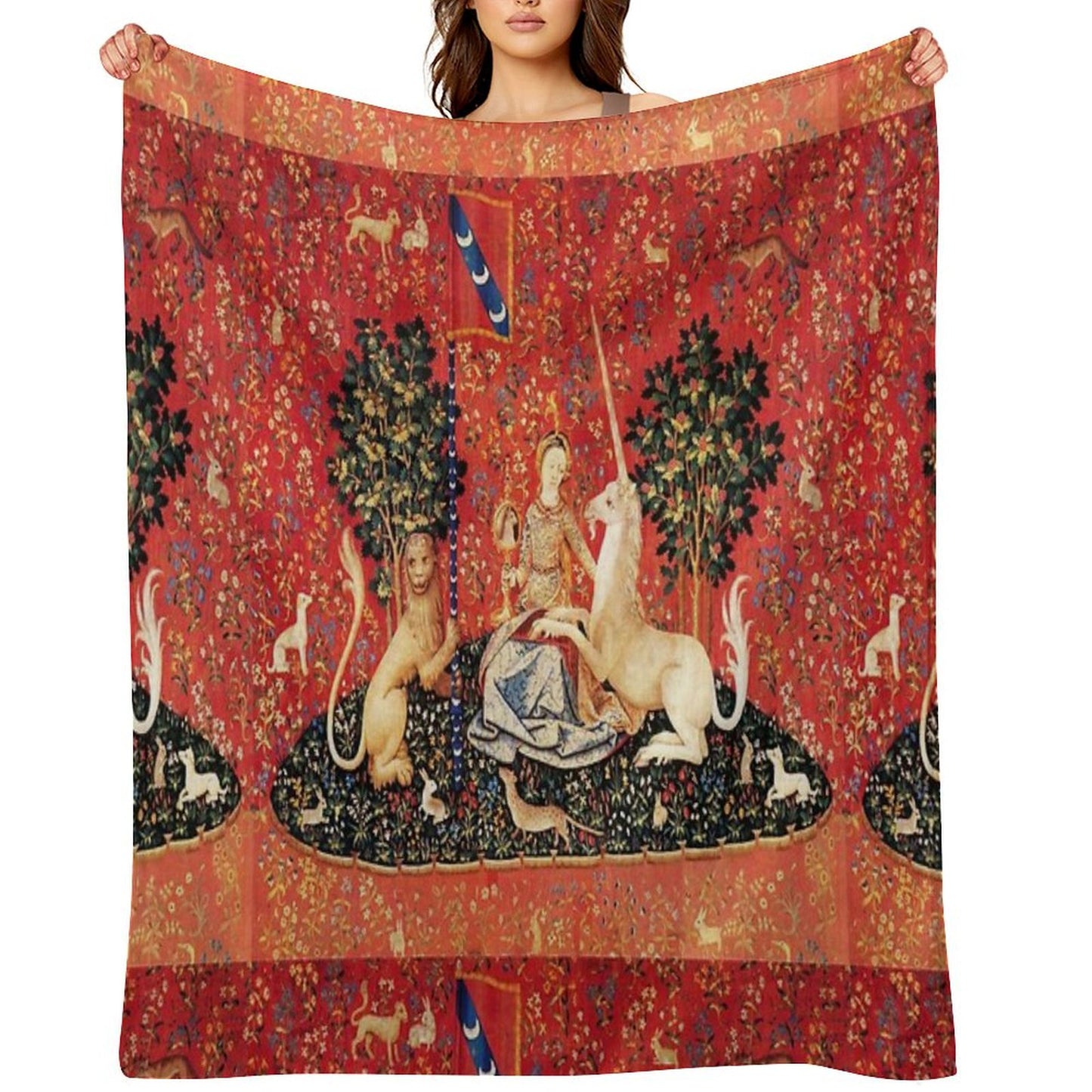 LADY AND UNICORN ,SIGHT  Red Green Fantasy Flowers,Animals Throw Blanket