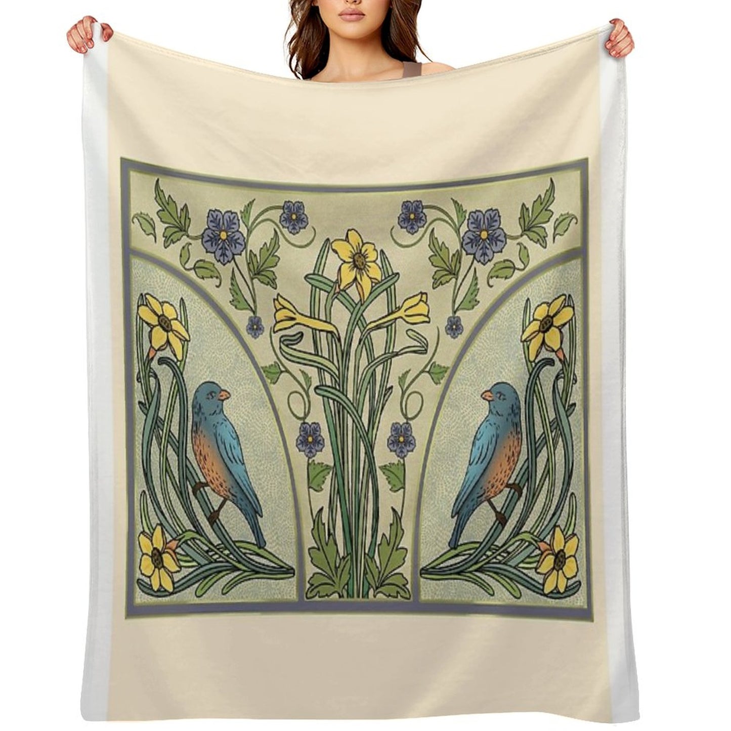 Bluebirds And Spring Blossoms Inspired By Art Nouveau Throw Blanket