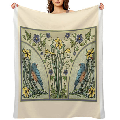 Bluebirds And Spring Blossoms Inspired By Art Nouveau Throw Blanket