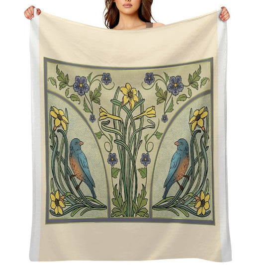 Bluebirds And Spring Blossoms Inspired By Art Nouveau Throw Blanket