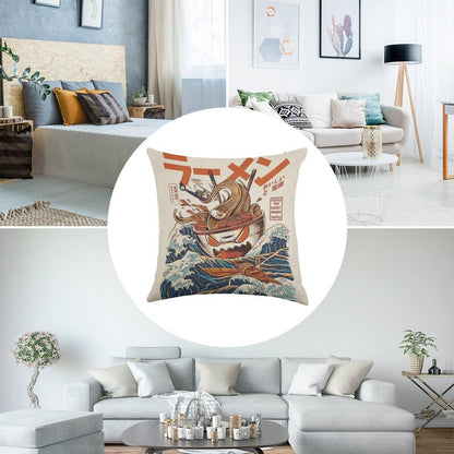 The Great Ramen Off Kanagawa Linen Throw Pillow Cover