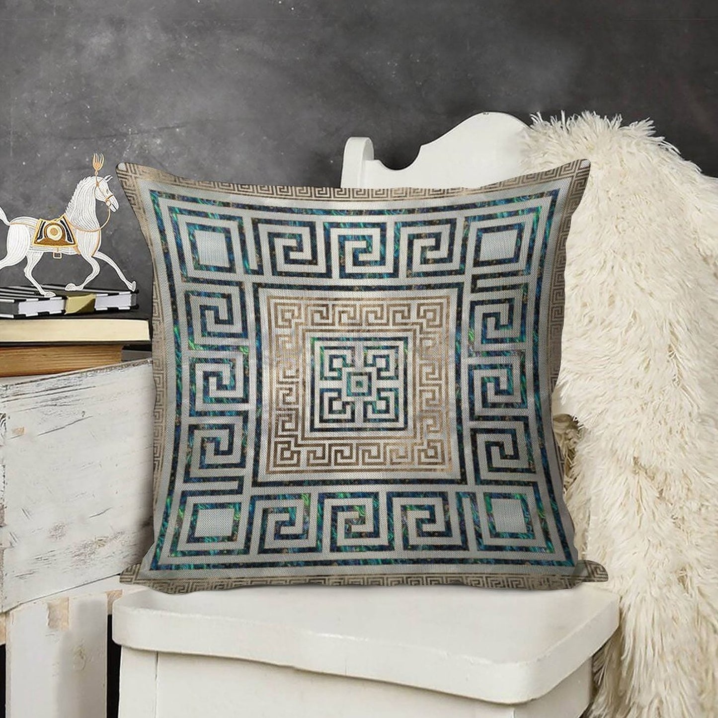 Greek Key Ornament - Greek Meander -Abalone And Gold Linen Throw Pillow Cover