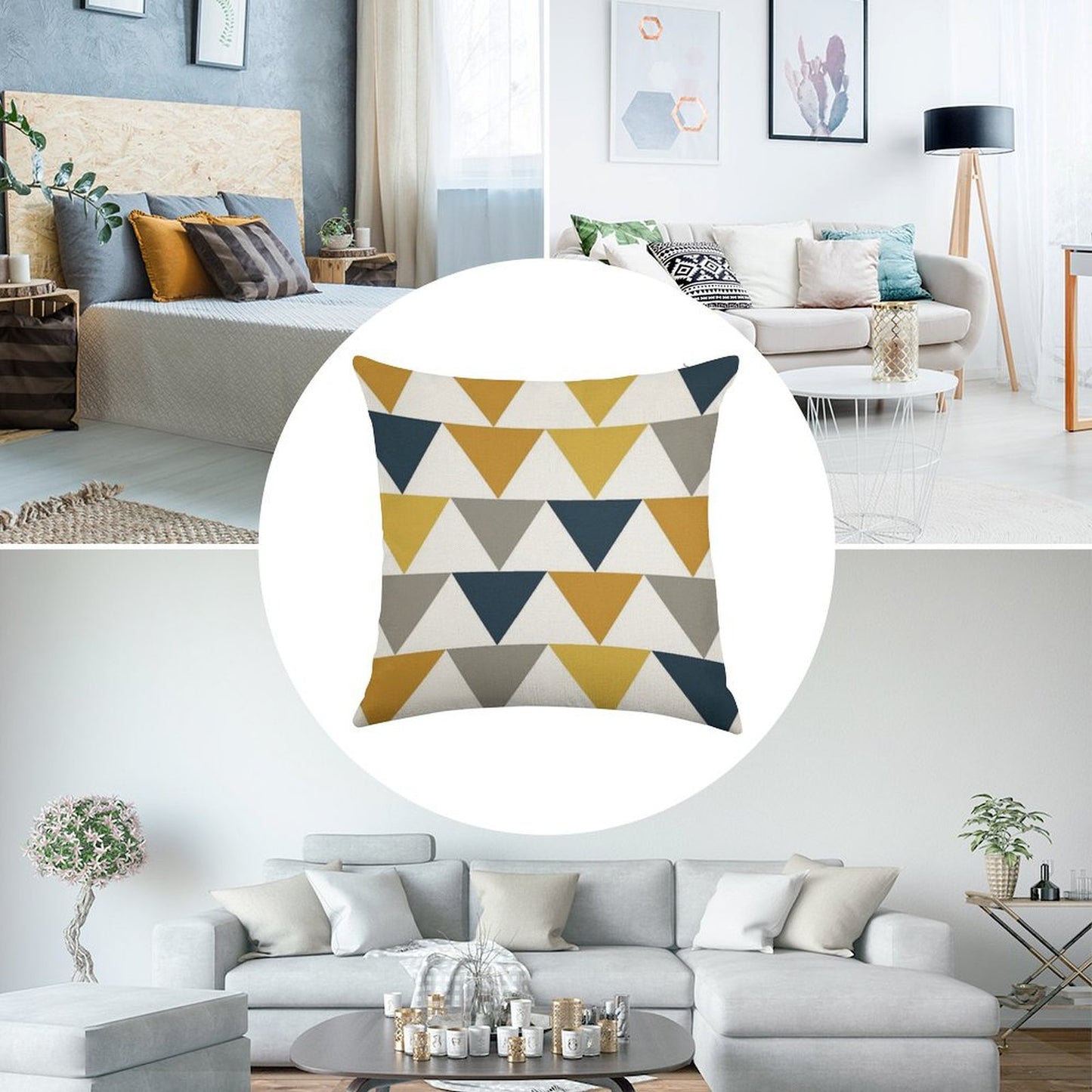 Arrows Light Mustard Yellow, Dark Mustard Yellow, Dark Blue, Grey, And White Geometric Pattern Linen Throw Pillow Cover
