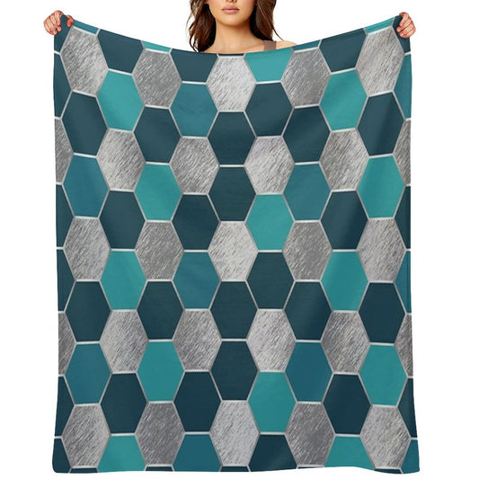 Metal Silver And Teal Geometric Hexagon Pattern Throw Blanket