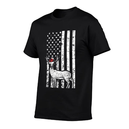 Deer Hunting Elk Santa Hat American Christmas Gifts for Women Kids Men  Cotton T-Shirt