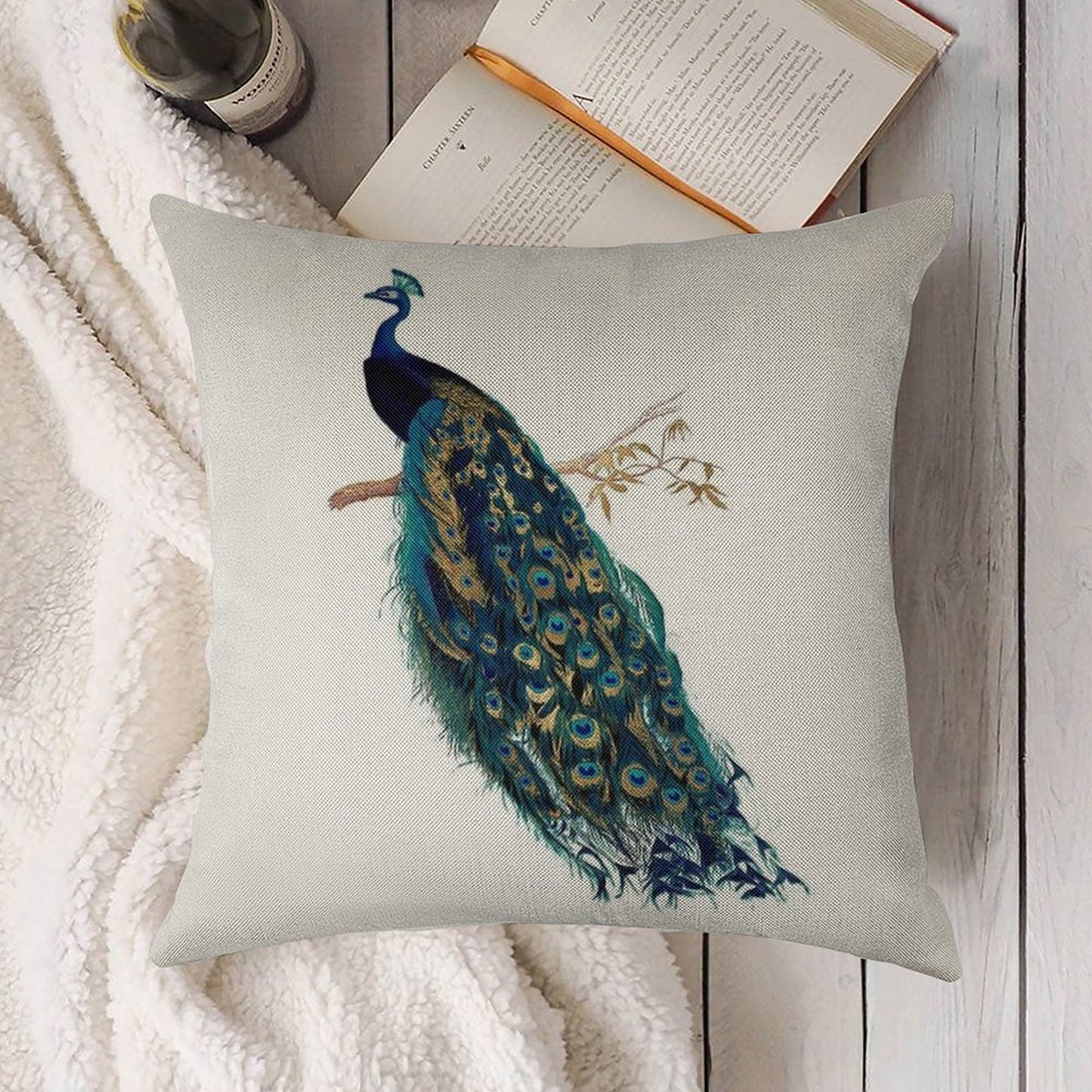 Vintage Peacock Linen Throw Pillow Cover