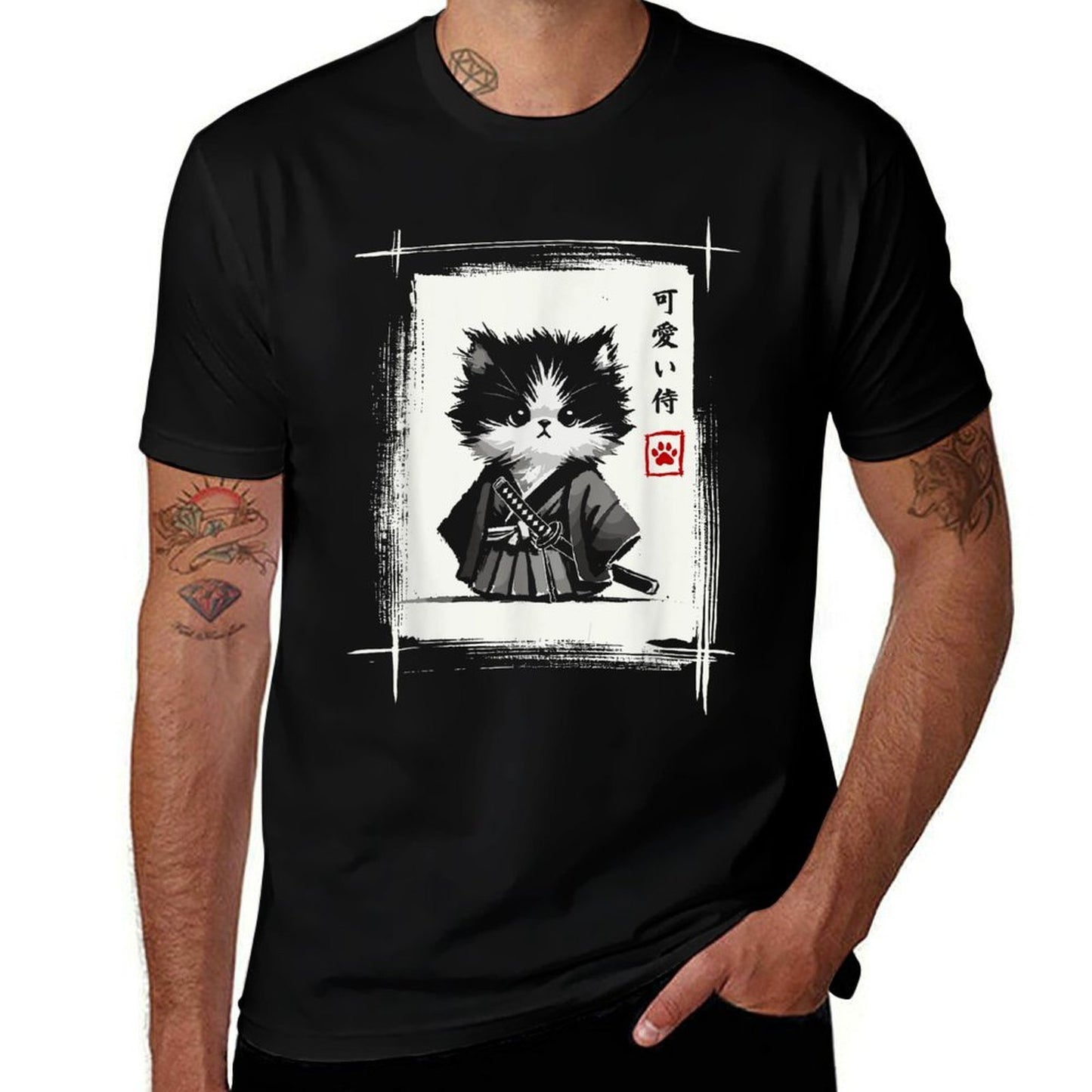 Samurai Cat Japanese Art Sumi-e Novelty Kawaii Funny Cat  Graphic-printed T-Shirt