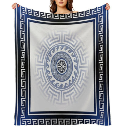Greek Key Meander Blue White Silver Throw Blanket