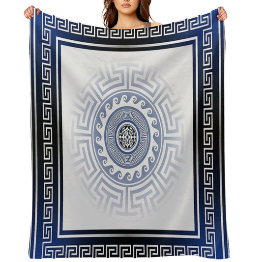 Greek Key Meander Blue White Silver Throw Blanket