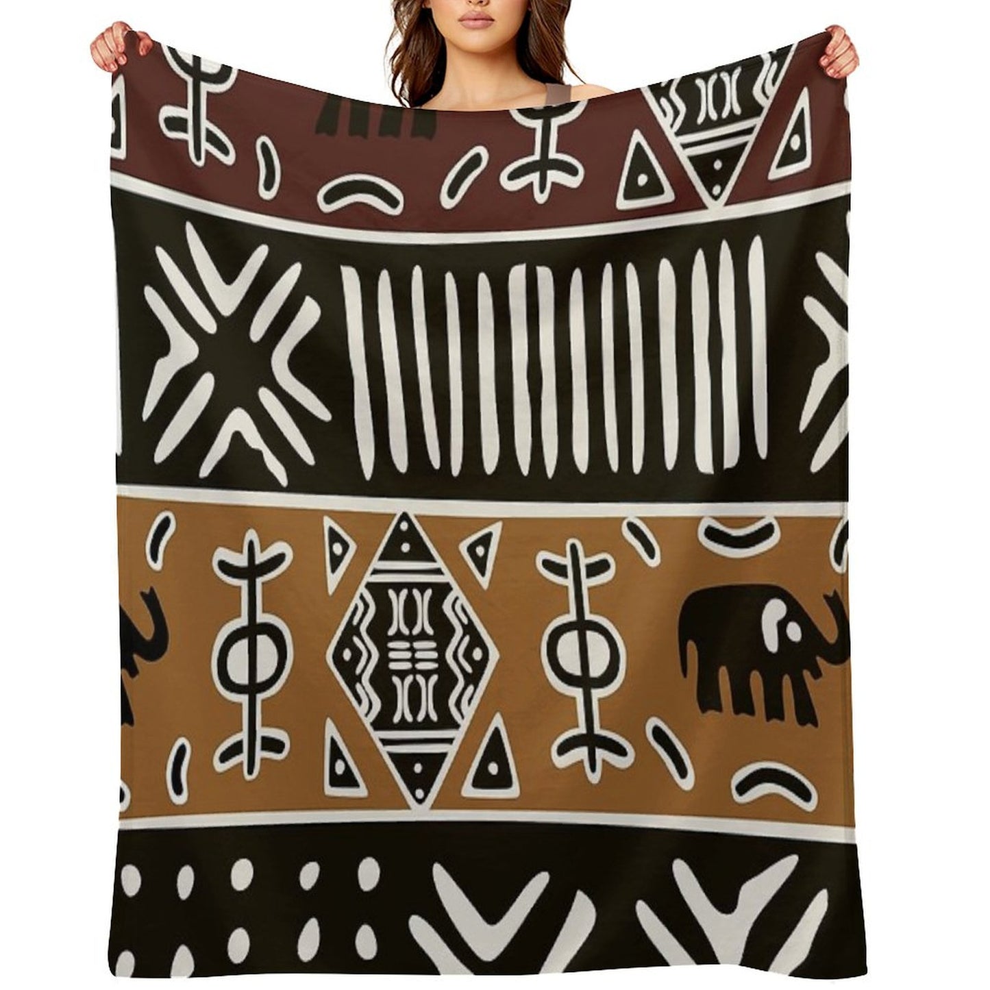 African Mud Cloth with Elephants Throw Blanket