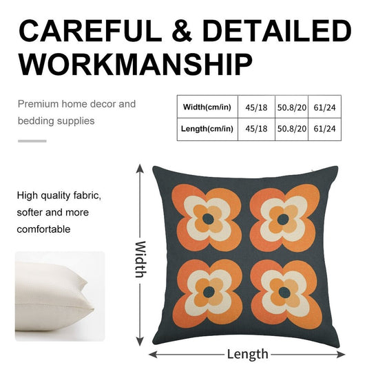 Retro Flowers - Orange And Charcoal Linen Throw Pillow Cover