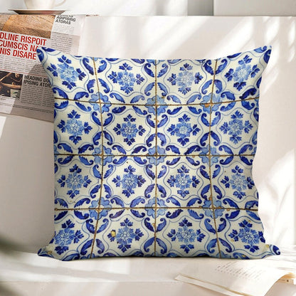 Portuguese Tiles. Blue Flowers And Leaves Linen Throw Pillow Cover