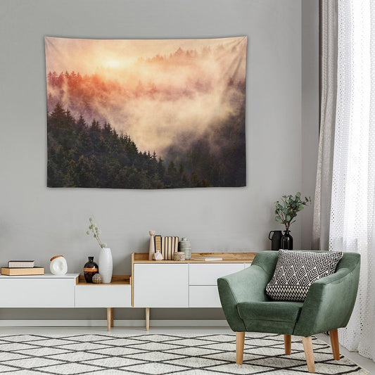 In My Other World  Sunrise In A Romantic Misty Foggy Autumn Fairytale Wilderness Forest With Trees Covered In Fog And Sunlight Tapestry