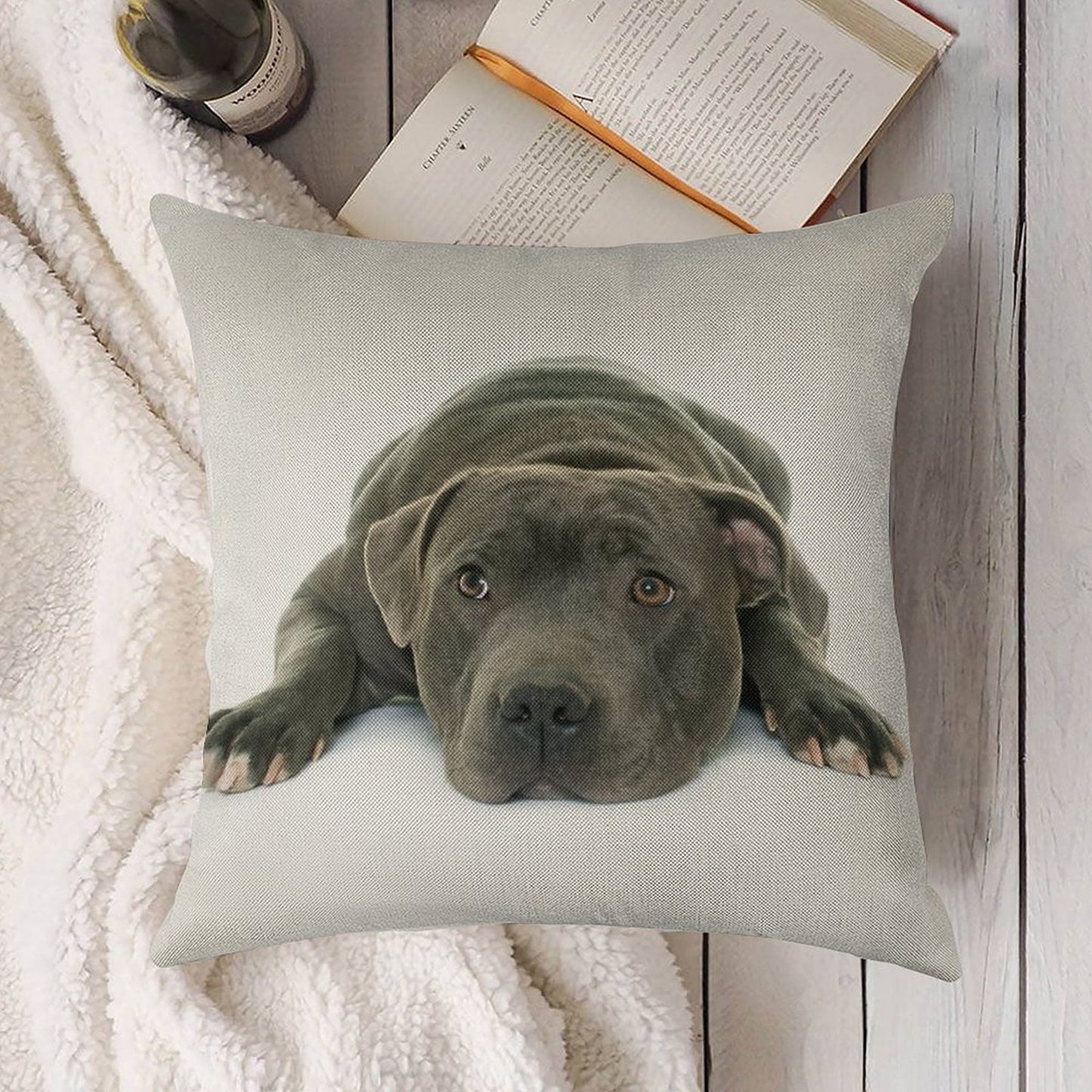 Blue Staffordshire Bull Terrier Super Cute Puppy Eyes Linen Throw Pillow Cover