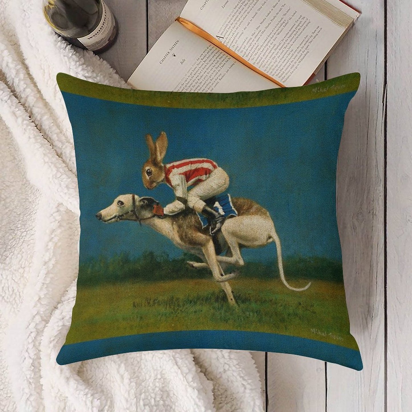 Whippet Racer Linen Throw Pillow Cover