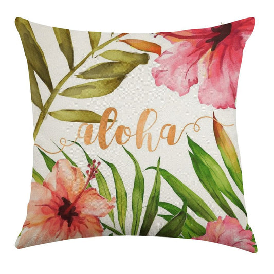 Aloha Tropical Hawaiian Floral Watercolor Linen Throw Pillow Cover
