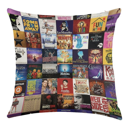 Musicals Collage Linen Throw Pillow Cover