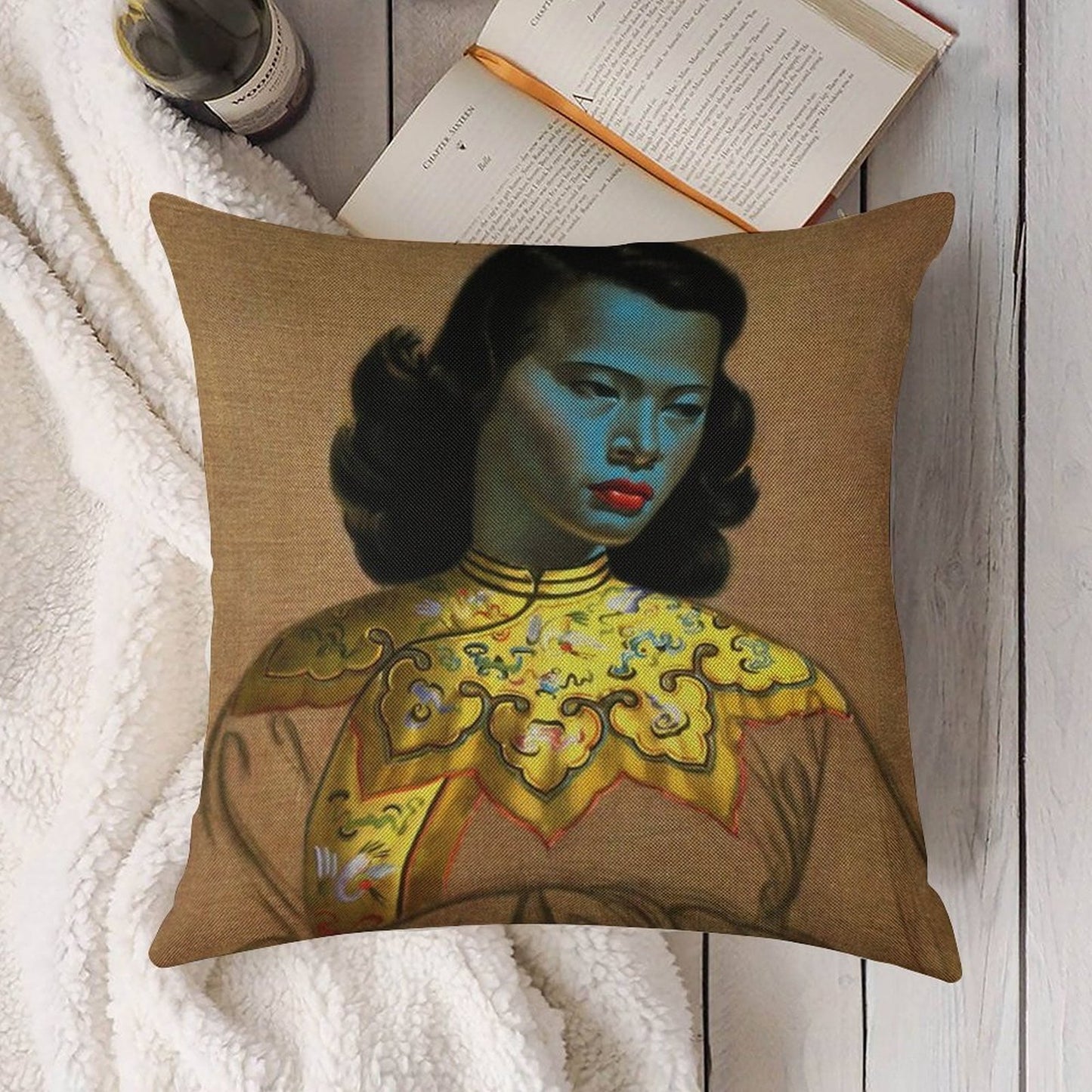 Vladimir Tretchikoff Vintage Painting, Famous Art Reproduction, Asian Fashion Illustration Linen Throw Pillow Cover