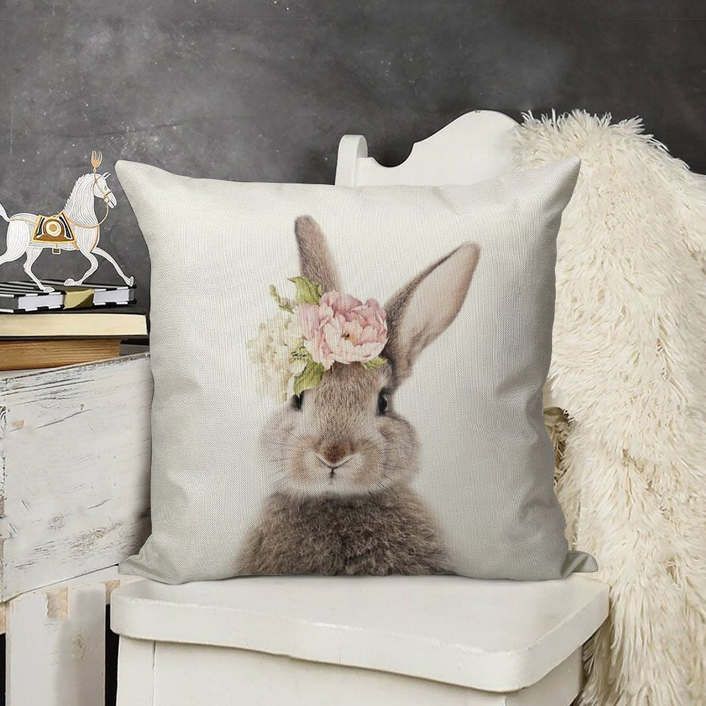 Peek-a-boo Floral Bunny Linen Throw Pillow Cover