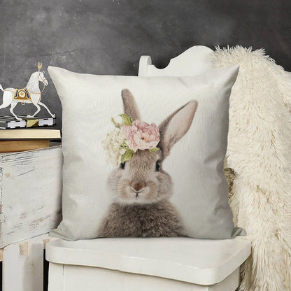 Peek-a-boo Floral Bunny Linen Throw Pillow Cover