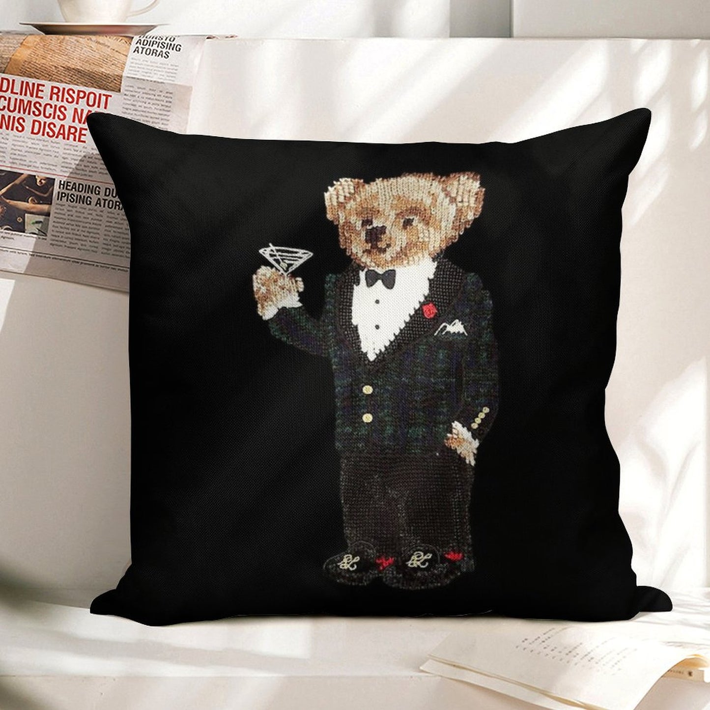 Gentleman Bear Linen Throw Pillow Cover