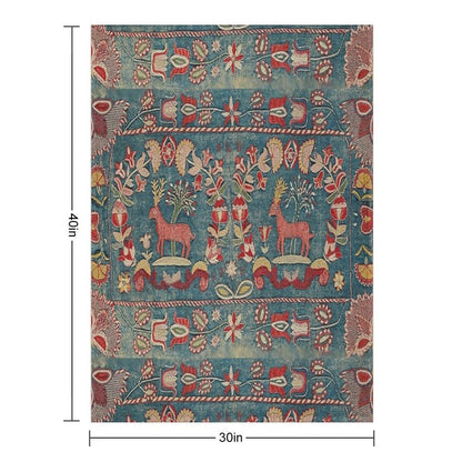 ANTIQUE  RED BLUE SWEDISH TAPESTRY WITH DEERS AND FLOWERS Throw Blanket