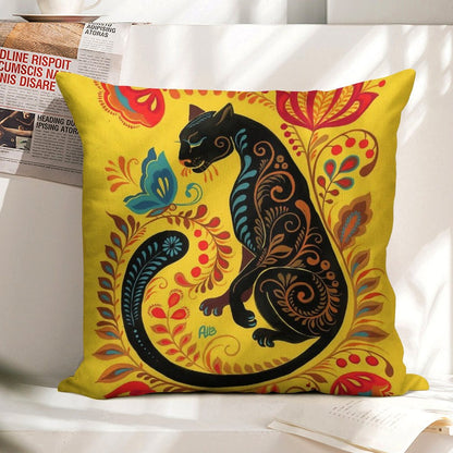 Panther & Butterfly Folk Art Linen Throw Pillow Cover